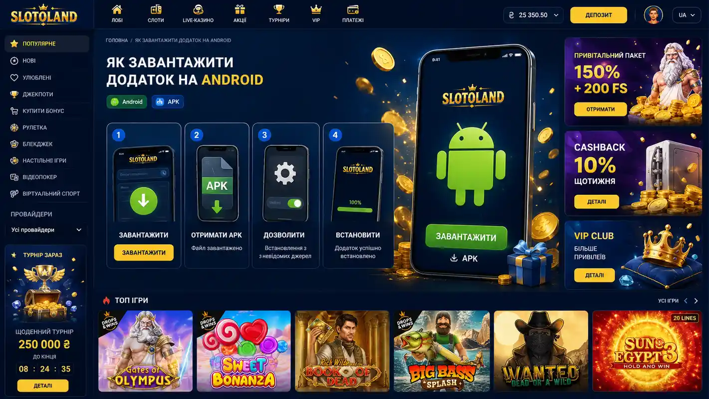 Страница Слотоленд с шагами загрузки APK-файла для Android